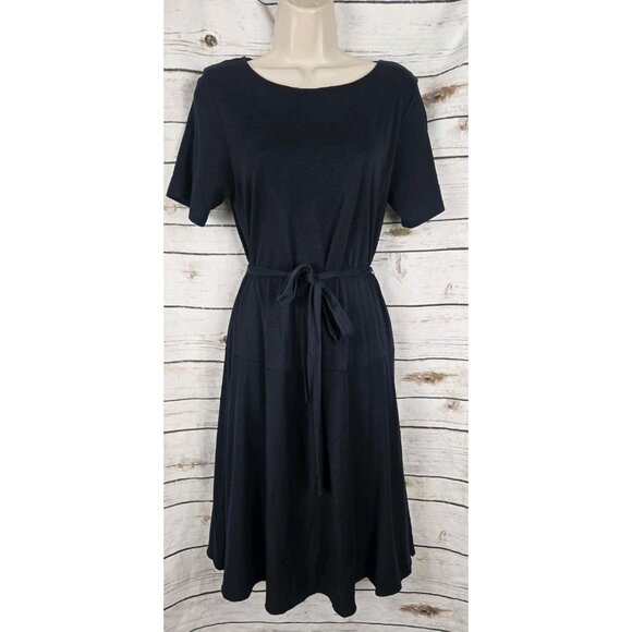 LK Bennet Navy Blue Knit Shirt Dress US 8 Tie Belt Fit & Flare Midi Lyocell - Picture 1 of 7